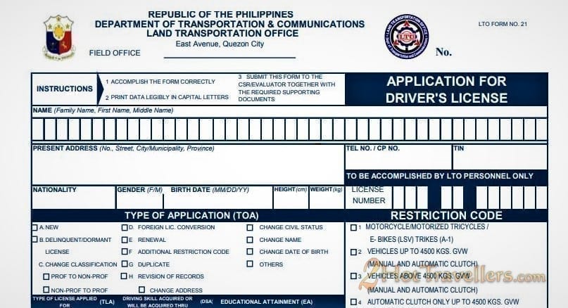 Application Form for Driver License